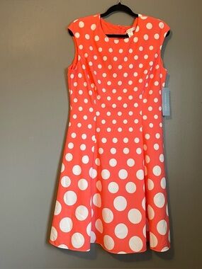 NWT London Times Sz 12 Women’s Coral White Polka Dot Sleeveless Midi Dress $89!